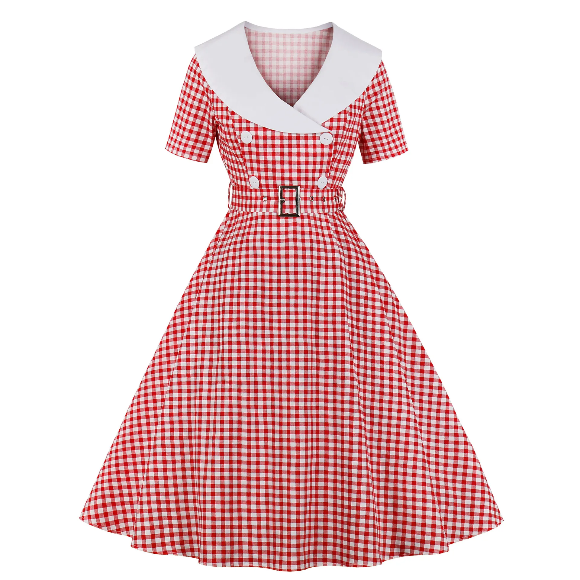 Pink B Retro Plaid Skirt Waist Light Dress Contrast Color Collar Annual Meeting Performance Costume Big Swing Mid-length Dress