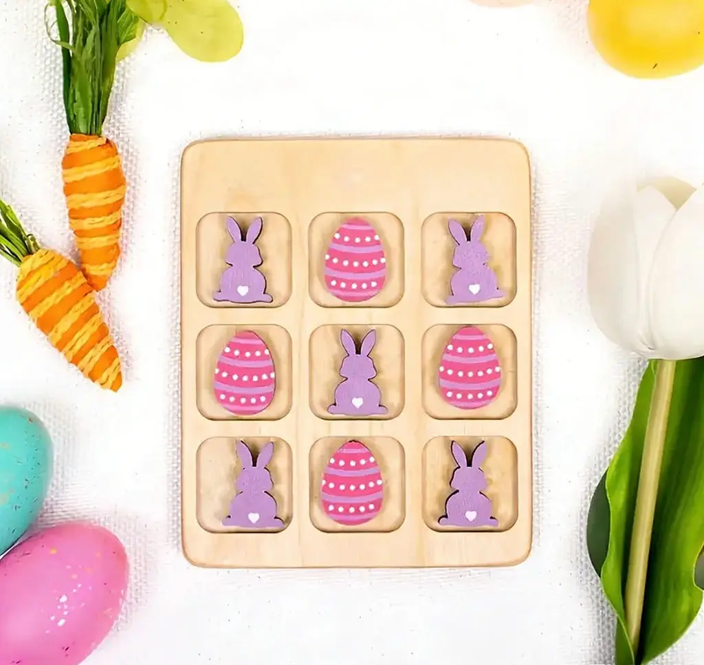 개인 맞춤형 부활절 토끼 틱택토 나무 게임 - 달걀 & 당근 블록 장난감, 어린이 파티 선물, 어린이를 위한 휴일 선물