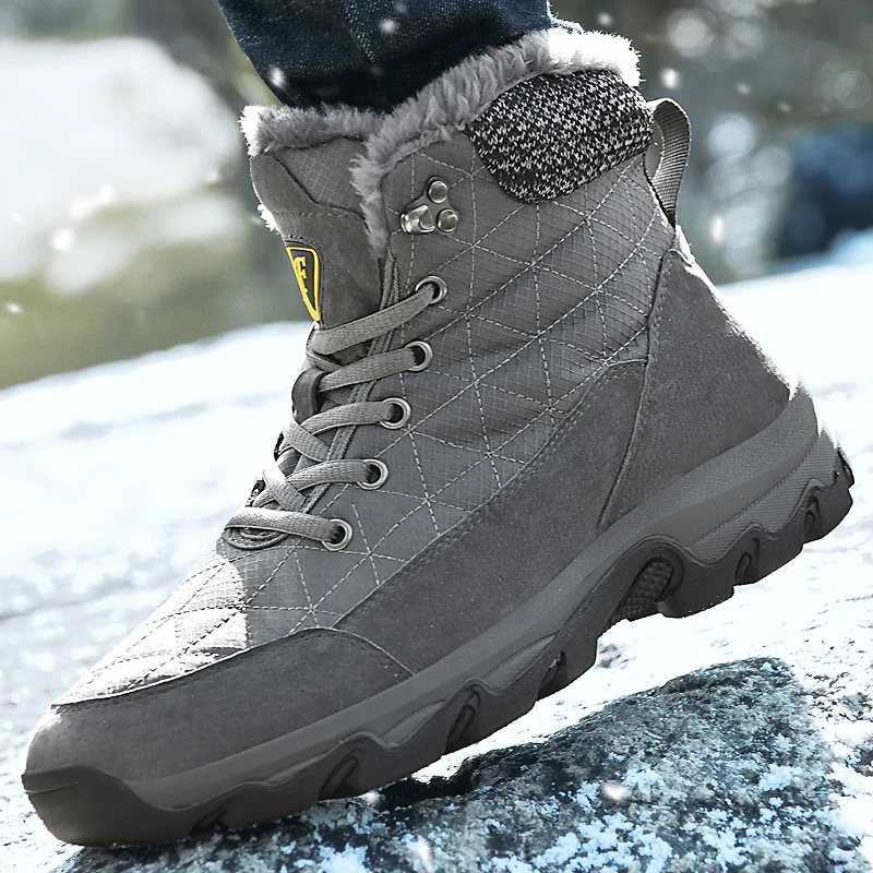 Brand Winter Men Snow Boots Fur Plush Warm Leather Men Boots Waterproof Ankle Boots Outdoor Non-Slip Hiking Boots Work Shoes