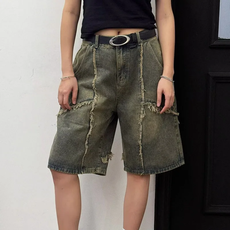 

Модные джинсовые шорты в стиле хип-хоп для мужчин, летние свободные прямые широкие брюки High Street с потертостями, 5 минут