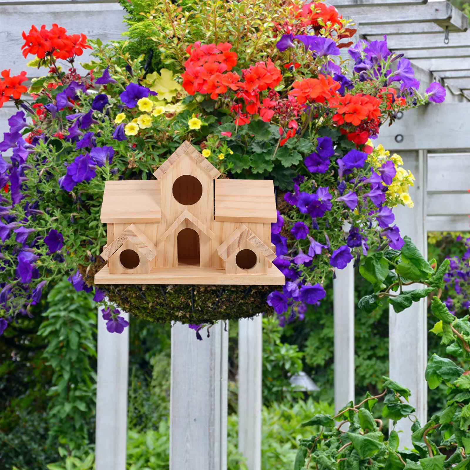 

6 Hole Wooden Bird Hanging Handmade Rustic Style Small Birdhouses Hummingbird Garden Yard Patio Decor