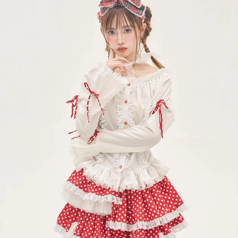 Original Design Retro White Lace Bow Women's Shirt 2025 Spring Summer Japanese New Cute Sweet Lolita Short-sleeved Shirt Ladies