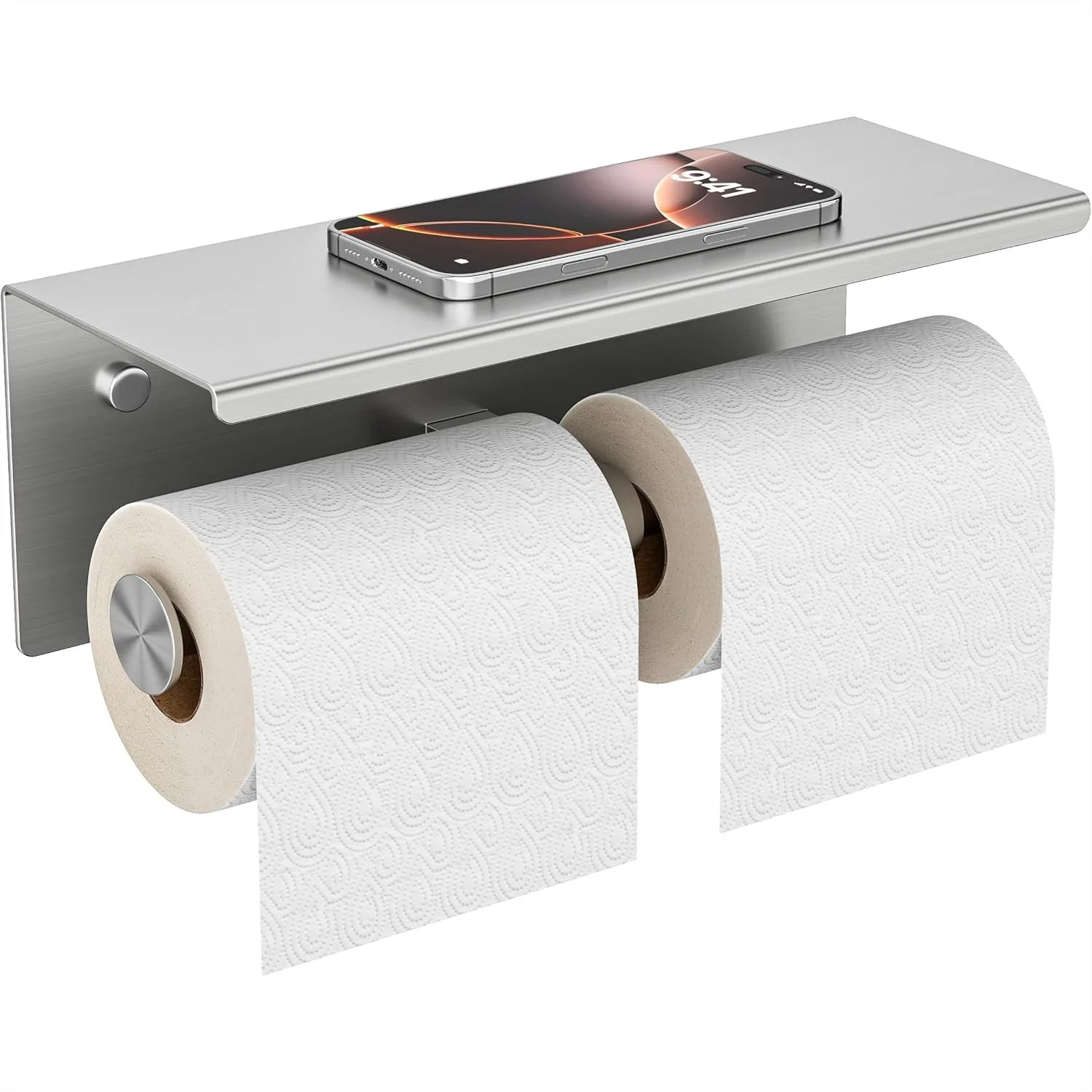 

Double Toilet Paper Holder with Shelf, Wall Mount Tissue Roll Holder for Bathroom, 304 Stainless Steel with Phone Shelf, Brushed