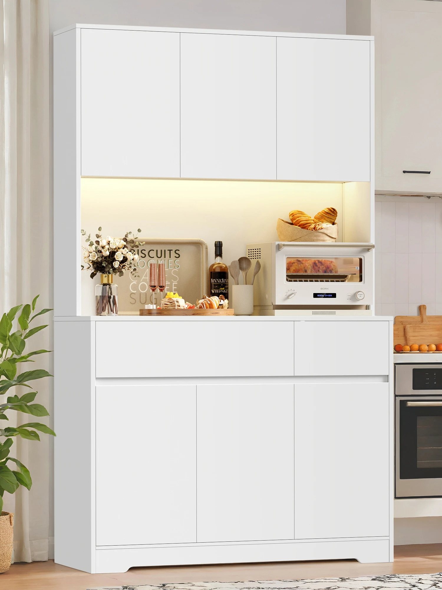 Getone Küchenbuffet mit LED,Küchenschrank Buffetschrank mit Steckdosenleiste mit 6 Türen und 2 Schubladen Verstellbares Regal 10