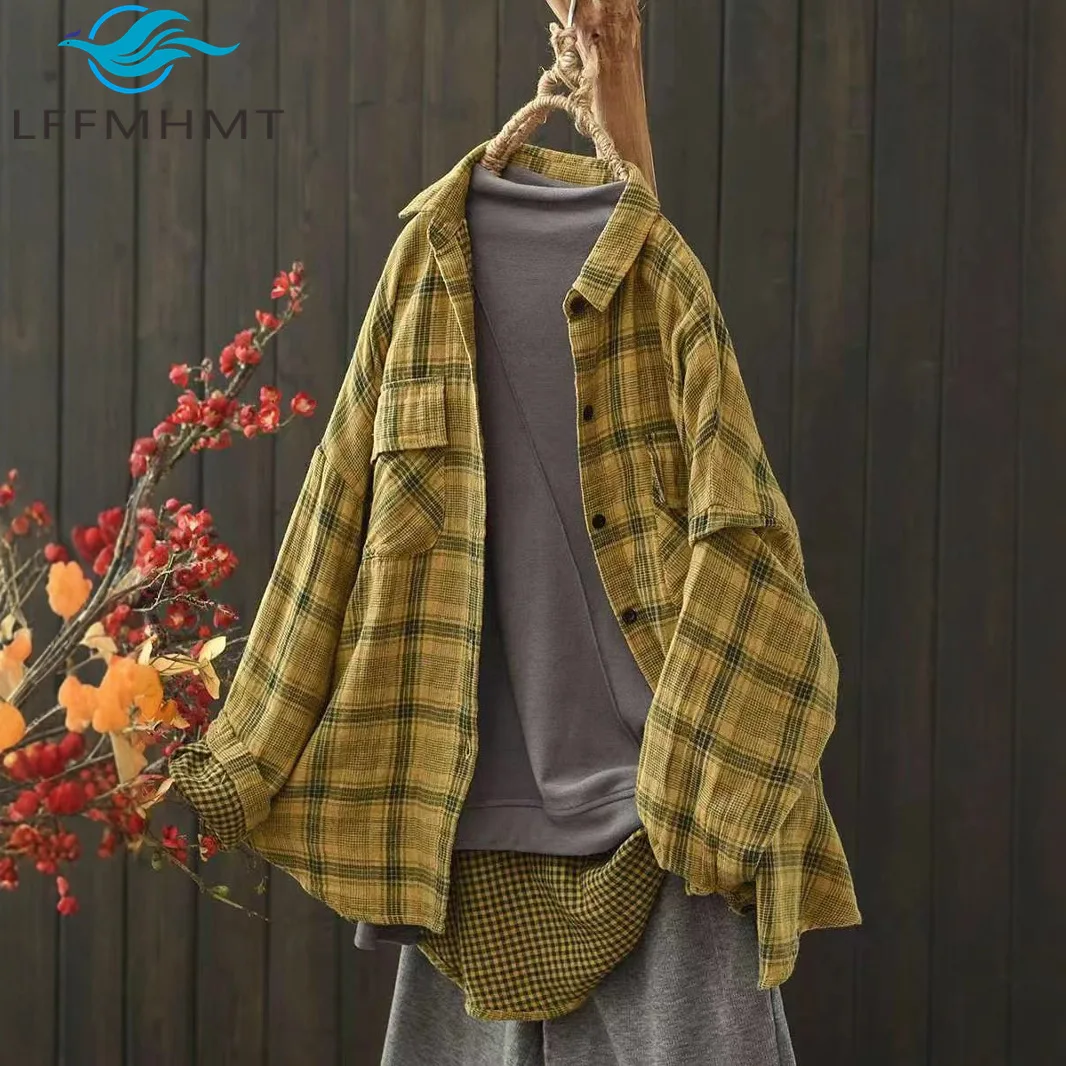 بلوزة نسائية كاجوال بأكمام طويلة وأزرار لأعلى منقوشة بطبقة مزدوجة من غزل القطن بألوان متباينة للخريف ملابس يومية فضفاضة