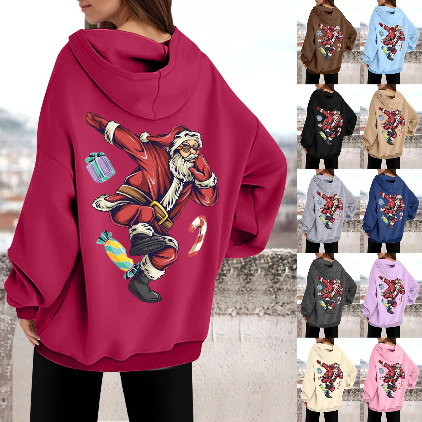 Women's Autumn And Winter Christmas Hoodies Happy Dancing Santa Print Long Sleeve Hoodie Sweatshirt Pullover Clothes For Women