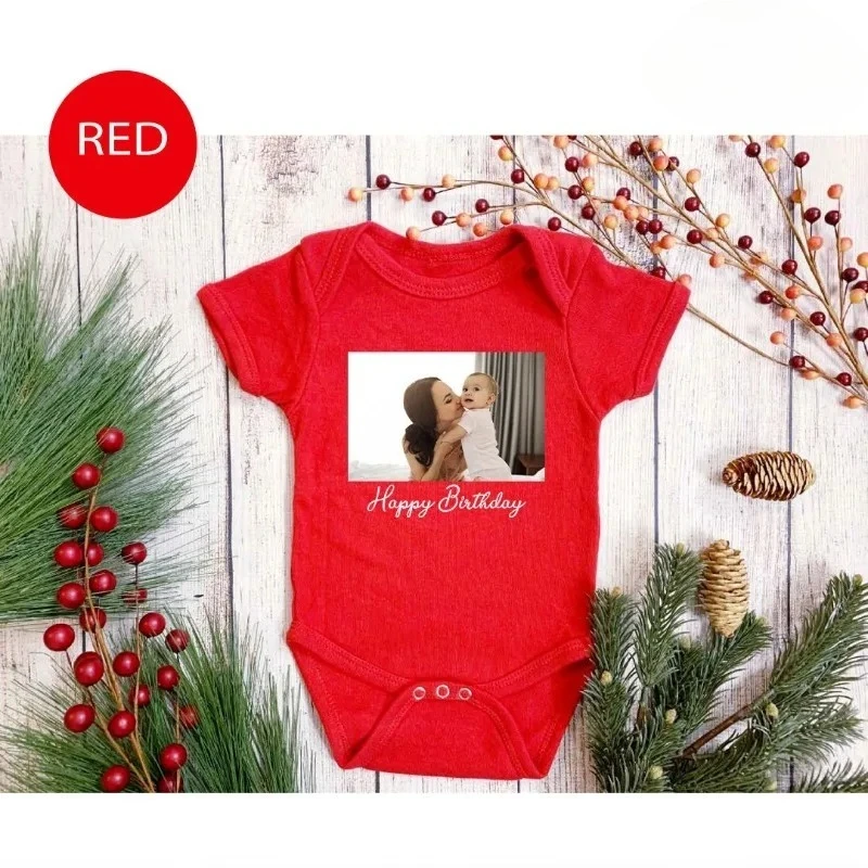 Custom Photo Baby Bodysuit with Happy Birthday Text, Personalized Picture Onesie for 1st Birthday Photoshoot,Soft Cotton Romper 3