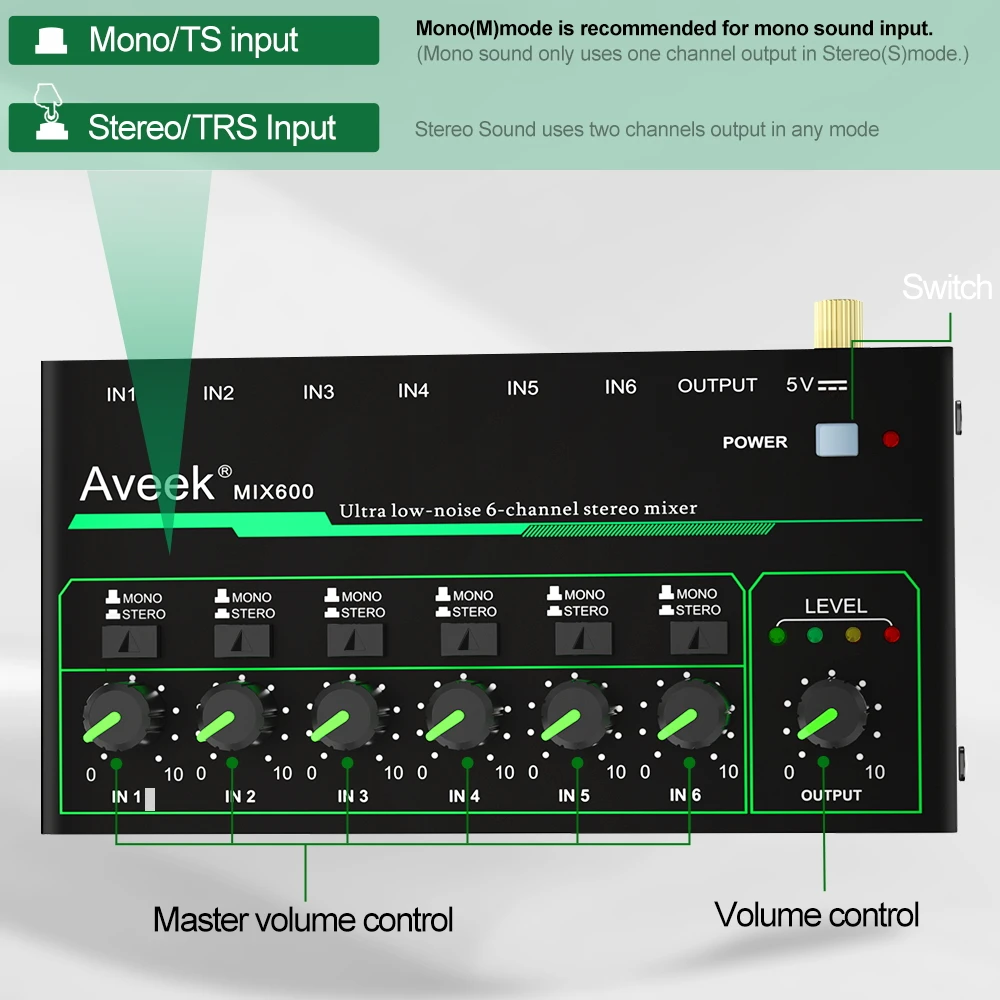 Aveek 6 Channel Mixer - Mini 6 Stereo Audio Mixer, Low-Noise for Precision Sub-Mixing,1/4