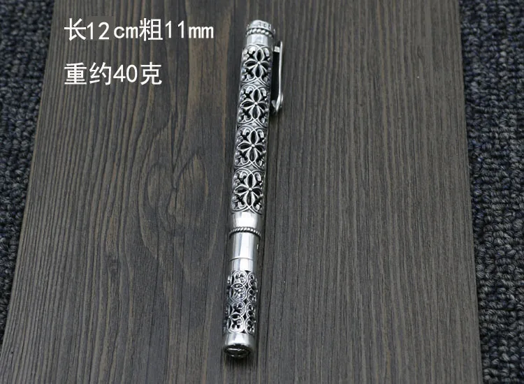 S925 sterling silver personalized hollow carved signature pen, vintage Thai silver ballpoint pen gift, Teacher's Day fashionable