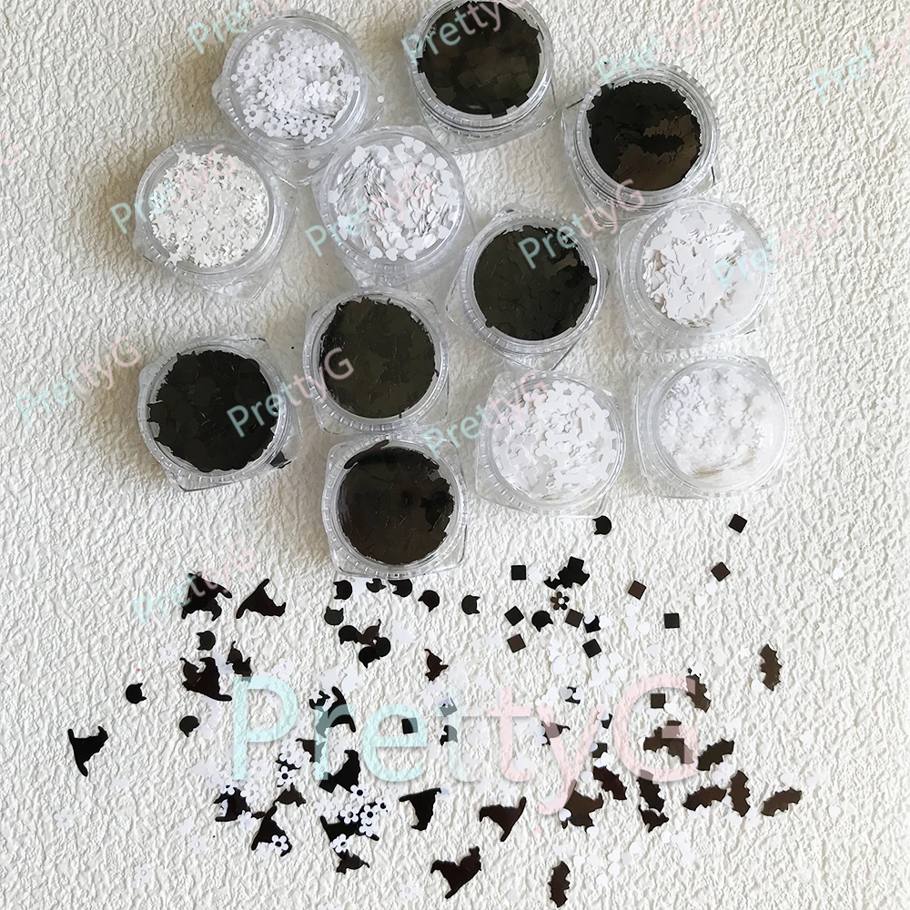 PrettyG 12-Farben-Set für Halloween, glitzernde Form, Skelett, Fledermaus, Katzenknochen, Hexenhut, glitzernde Pailletten für DIY-Gel-Nagelkunst-Dekoration