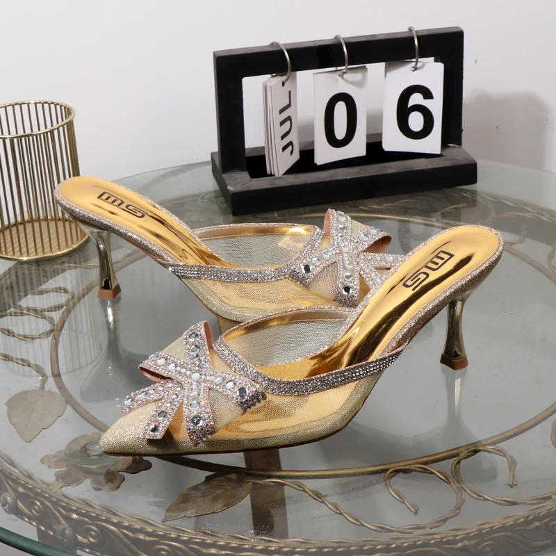 

Golden slippers 2024 summer pointed shallow bow fashion high heeled sandals rhinestone gauze sandals Luxury banquet shoes