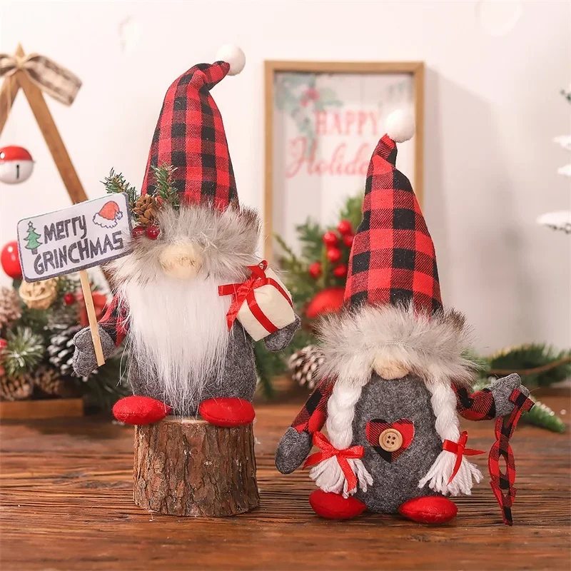 2024 Christmas Gnome Ornaments Cute Buffalo Plaid Hat Scandinavian Nisse Elf Dolls for Home Decorations Novelty Funny Gift hot