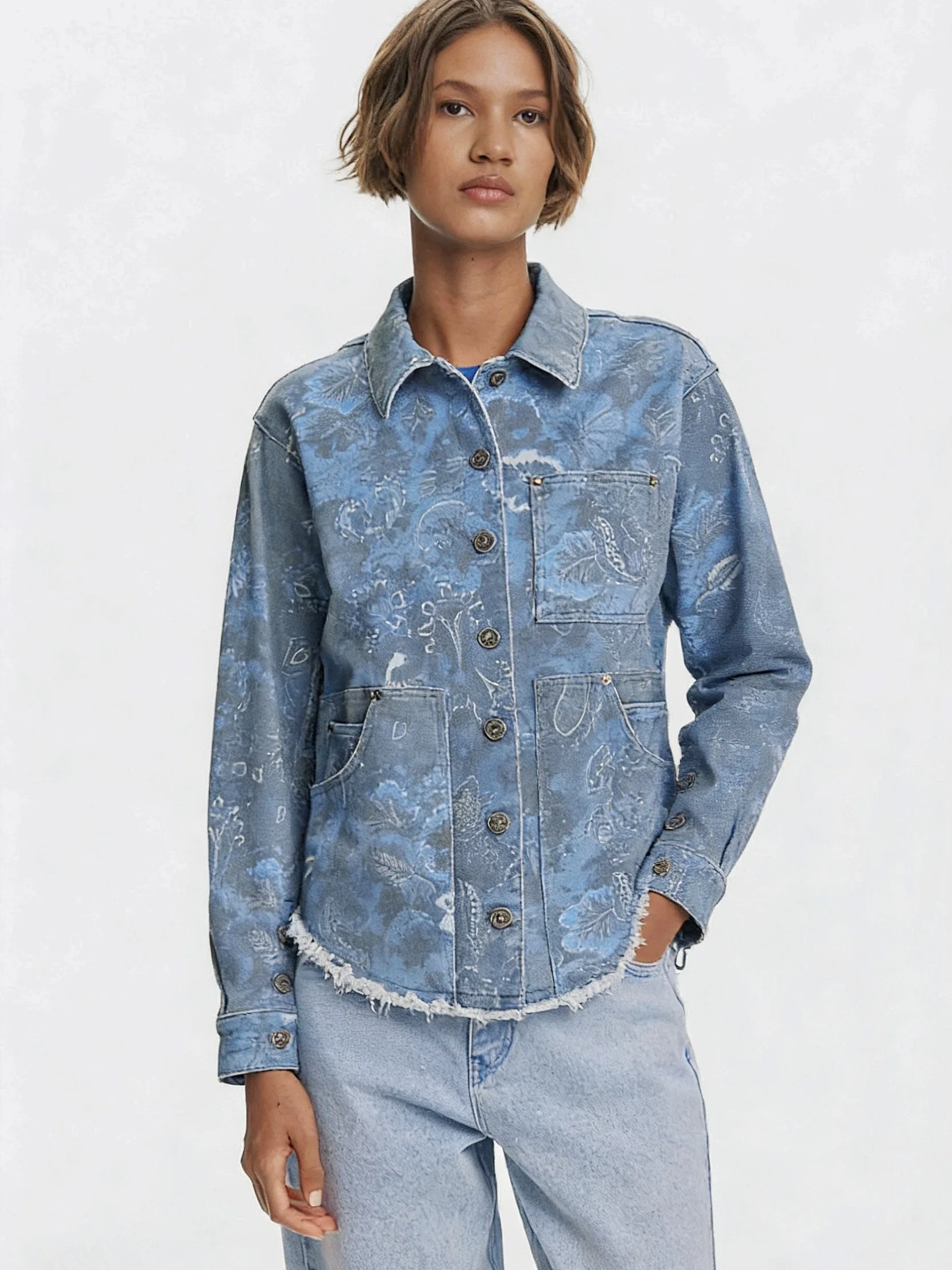 

Foreign Trade Spain Original Denim Shirt Sand Washed Used Printed Loose Shirt New Product