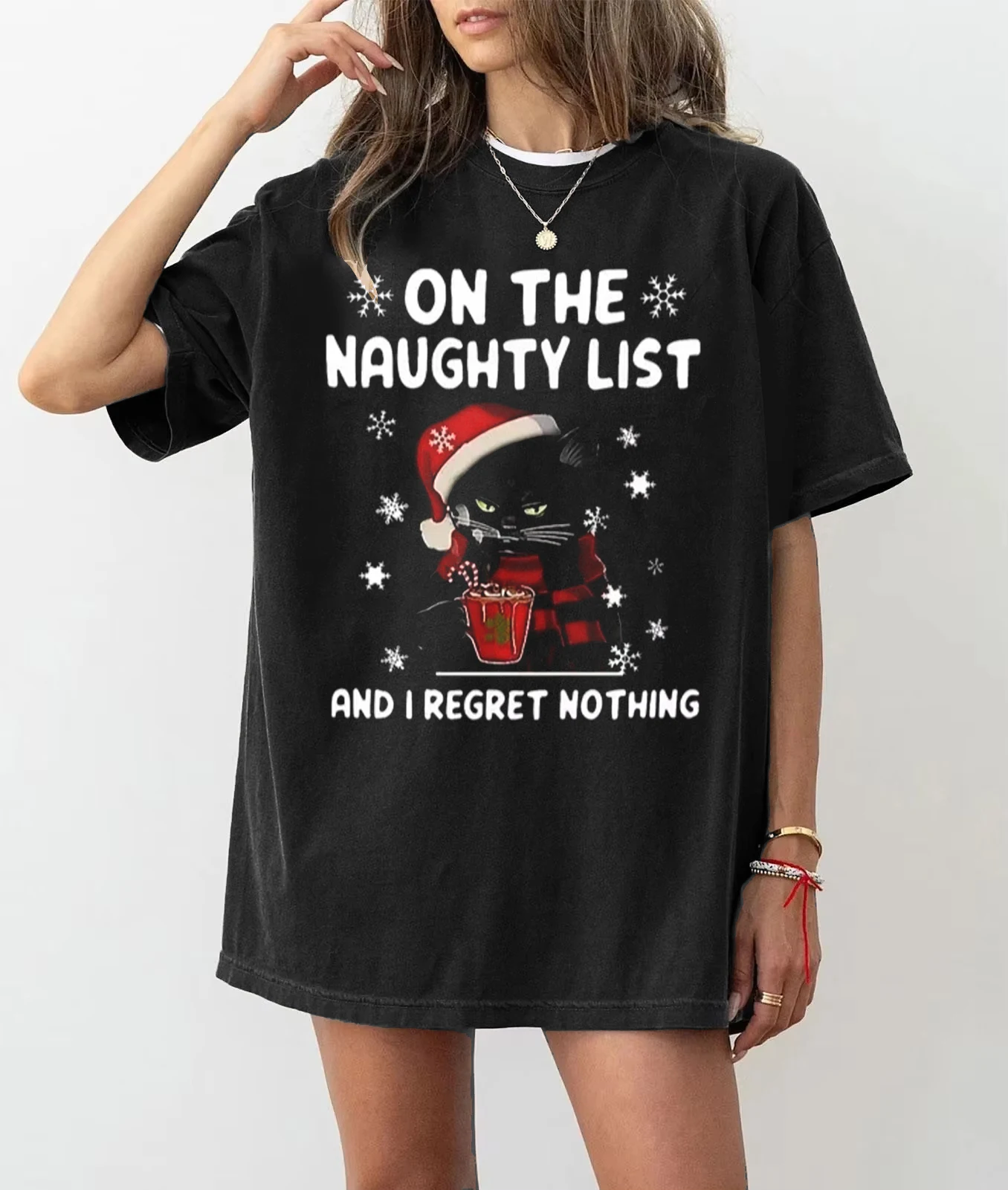 

CHRISTMAS SANTA CAT ON THE NAUGHTY LIST AND I REGRET NOTHING Printed T-Shirt Retro Street Y2K Casual Harajuku Women Top Clothing