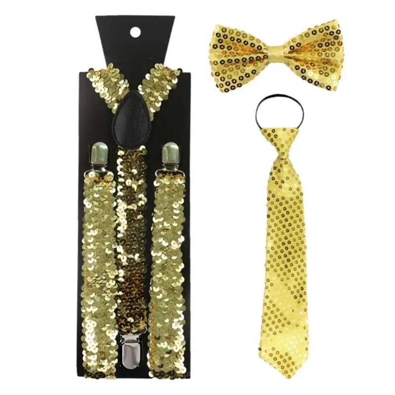 39BD Frauen Männer Sparkly Pailletten Hosenträger Bowtie Krawatte Set Clip-on Elastische Y-Form Zurück Brace Hosenträger Cosplay – Detail 5