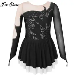 Kids Girls Hook Finger Long Sleeve Round Neckline Patchwork Style Shiny Rhinestone Decorated Skating Dance Dress