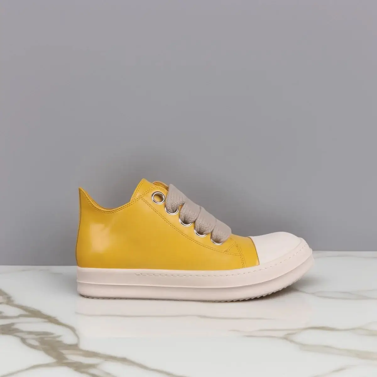 Men's Casual Genuine Leather Shoes Women Low Top Lace-Up Luxury Designer Yellow Orange Sneakers Wide Thick Shoelaces For Autumn