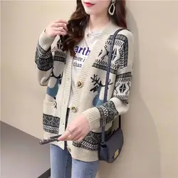 Cardigans Women Wool Retro Bohemian Christmas Fawn Print Sweaters Jacket Lady Autumn Knitwear Winter Clothes Women Rebeca