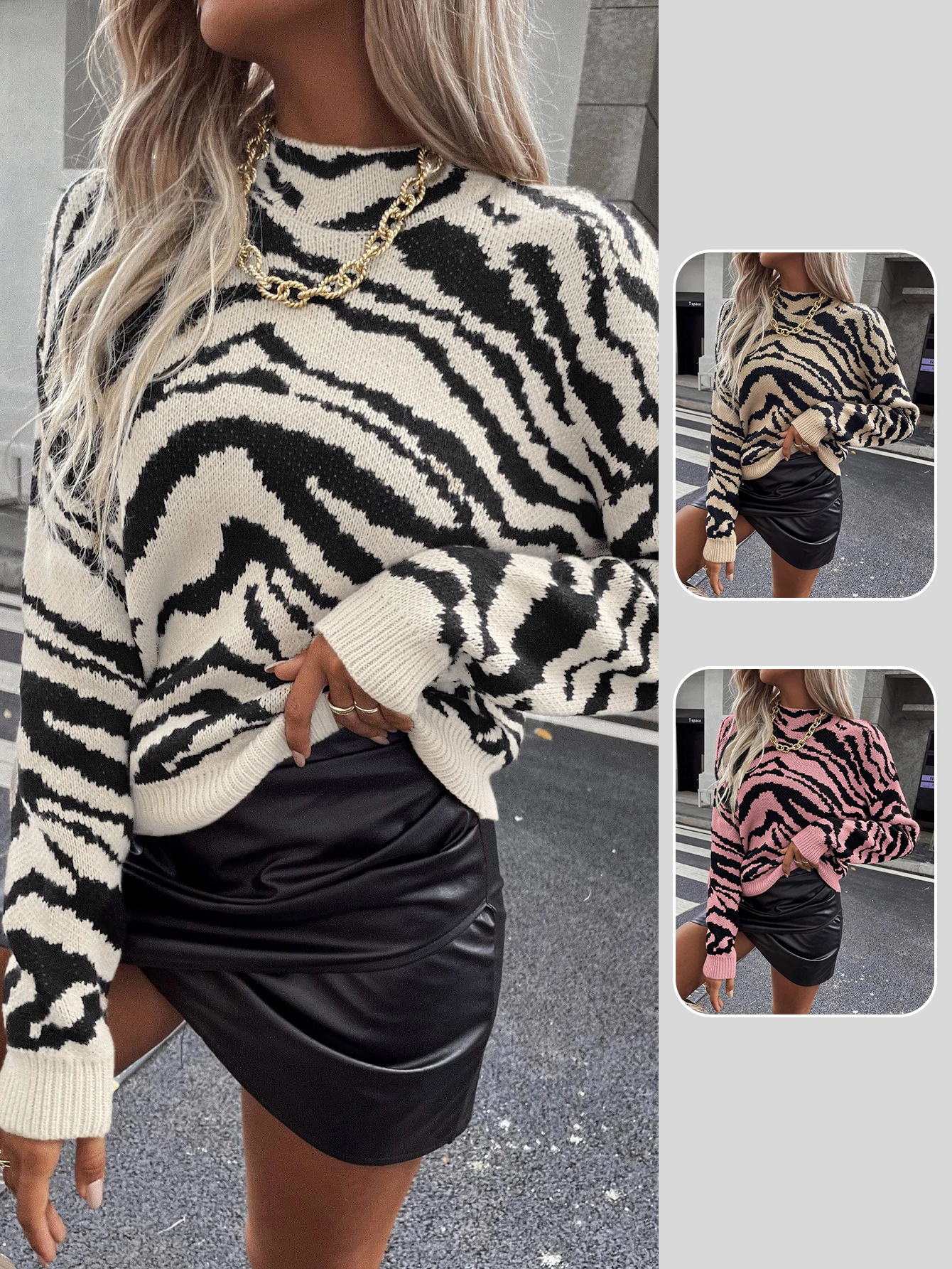 

Zebra Print Long Sleeve Turtleneck Sweater Women Casual Loose Fit Knit Pullover Top