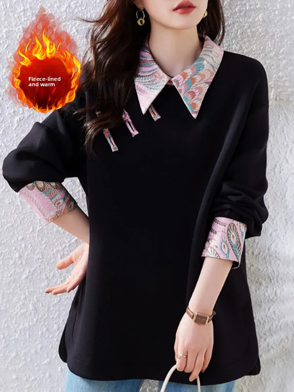 

Thickened Fleece Sweatshirt Retro Patchwork Embroidery Loose Women's Clothing Large Size Button Placket Turn-down Collar Top