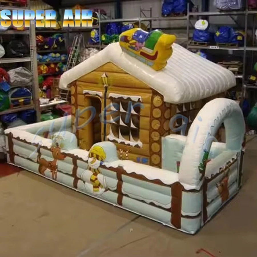 6mLX4mWX3.5mH Kerst opblaasbaar houten huis, opblaasbaar winterhuis met aangepast ontwerp voor verhuur
