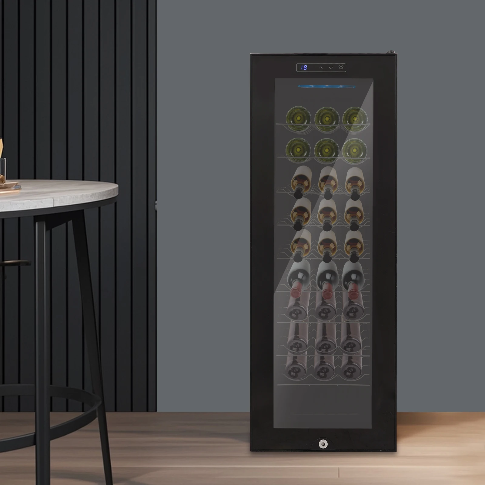 Gabinete de vino blanco y rojo Enfriador de vino independiente Enfriador de vino 30 botellas Capacidad Eficiente en energía Temperatura estable Negro