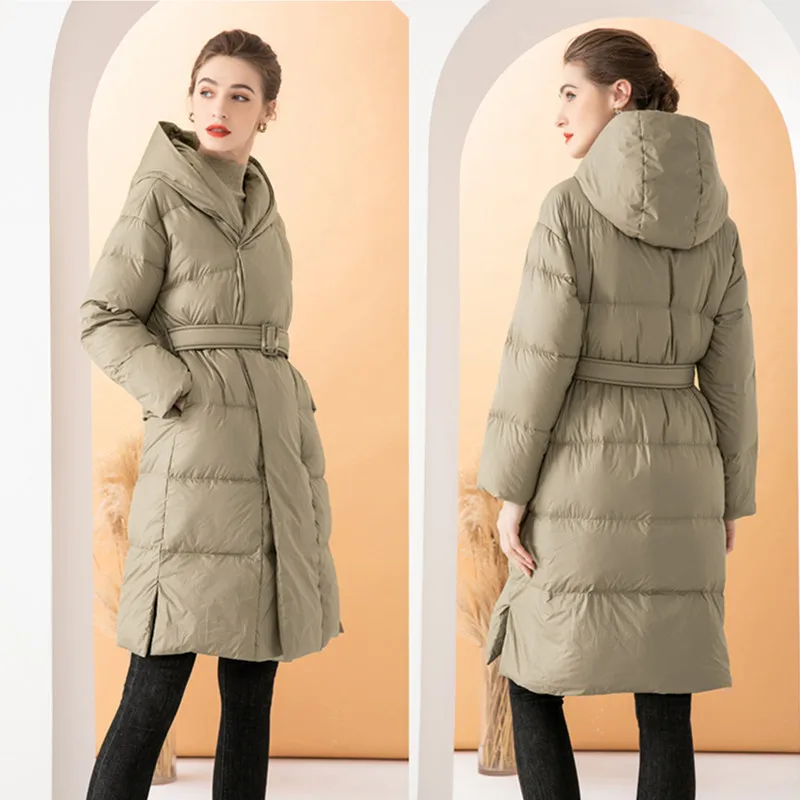 Winter New European High End Down Coat Women Mid Length Slim Fit White Duck Down Belt Windproof Hooded Coat