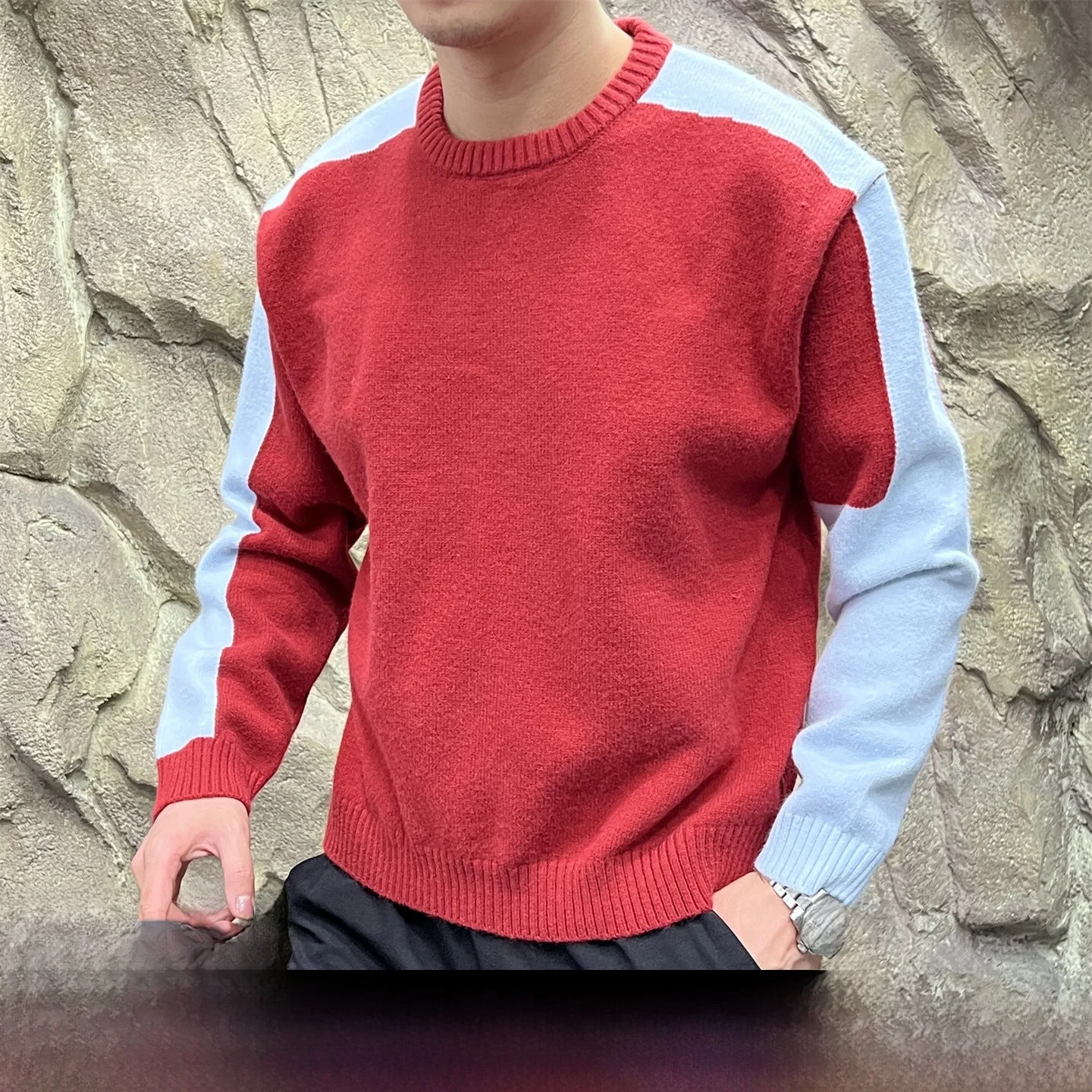 

Мужской осенний модный свитер свободного кроя с круглым вырезом, вязаный, с цветовыми блоками, в винтажном стиле, из эластичного полиэстера, с длинными рукавами