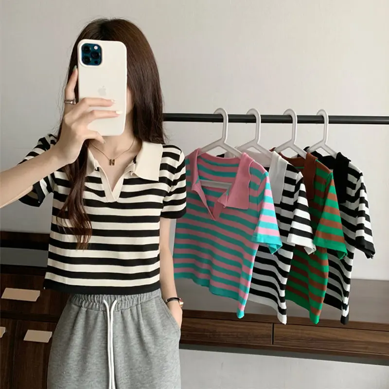 

Summer Korea Short Sleeve Striped T-Shirt Women Knitted Shirts Pullover Female Elastic Casual Knit Tee Women's T-Shirts New D585