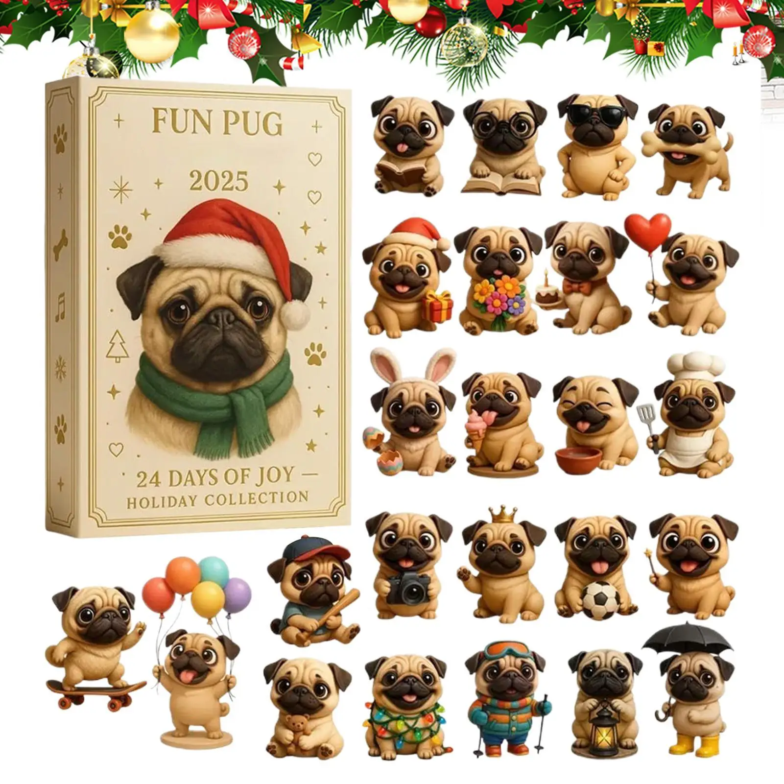Mops Weihnachten Advent 2025, 24 Tage, 2D-Acryl-Haustier, saisonale Dekoration, Mops-Baumschmuck, Countdown-Kalender für Zuhause, Kinder, Erwachsene, Geschenke