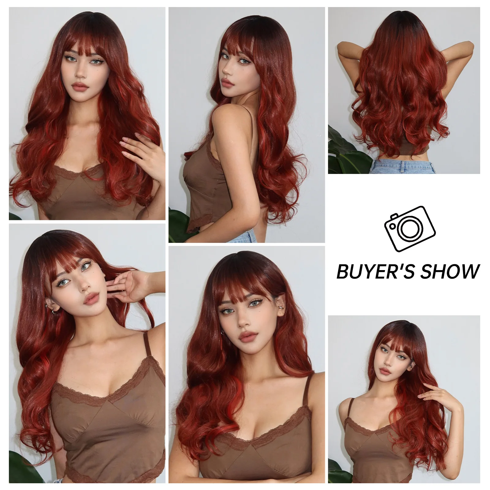 LOUIS FERRE Ombre Brown to Red Brown Wavy Hair Long Natural Wave Copper Ginger Synthetic Wigs for Women Heat Resistant Fiber Wig