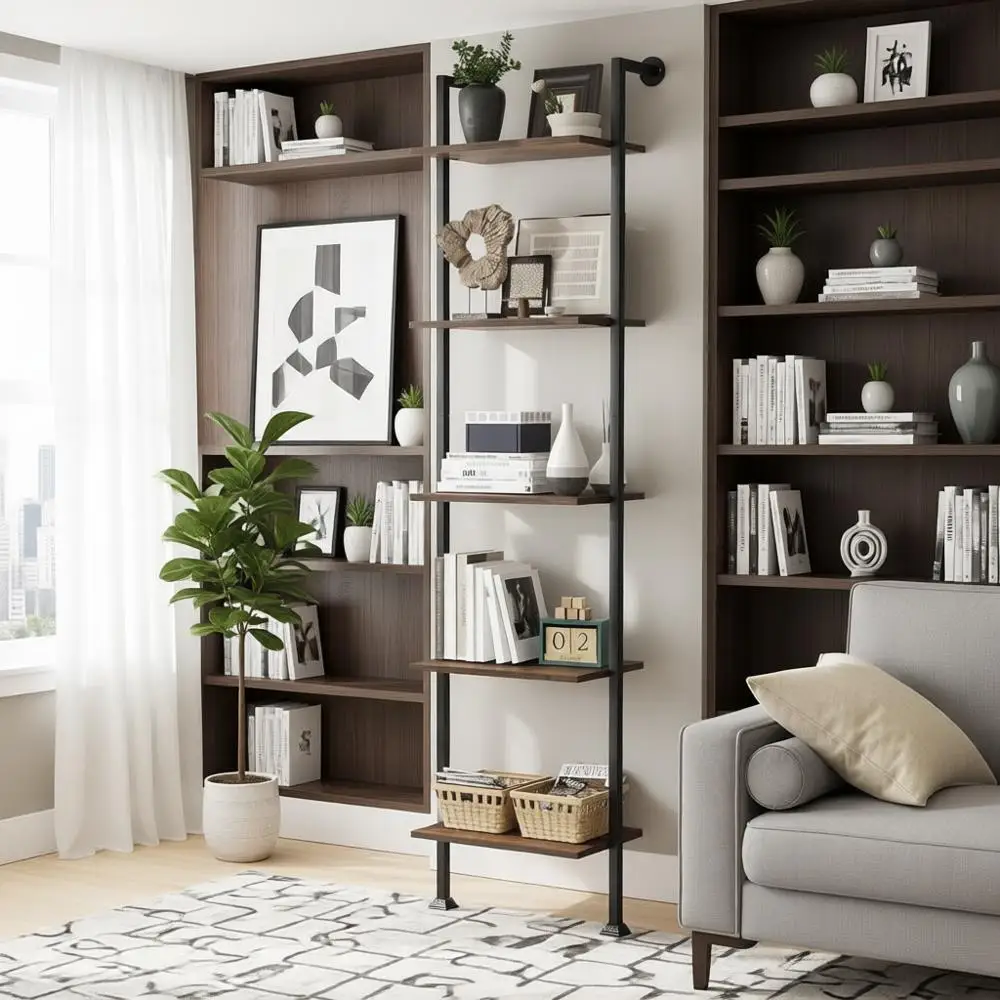 

5-Tier Ladder Shelf for Compact Spaces, Rustic Brown and Black Metal Bookcase Organizer