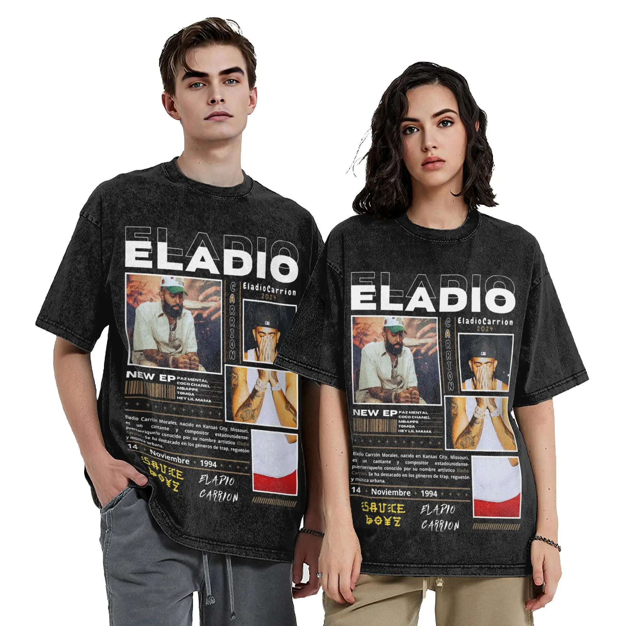 Men Women Vintage Washed T-shirts Eladio Sauce Boyz Vibes  Printed T Shirt Apparel Oversize  Tee Shirts