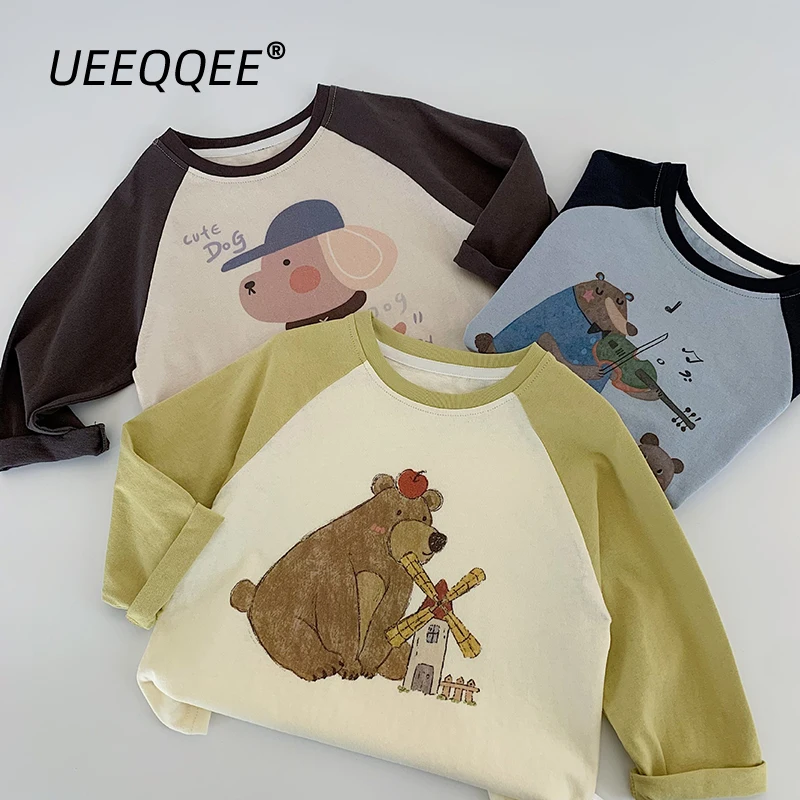 

Весенне-осенние детские футболки для мальчиков и девочек 2-10 лет, хлопковые лоскутные футболки с длинными рукавами и мультяшными рисунками, топы для малышей, детская одежда
