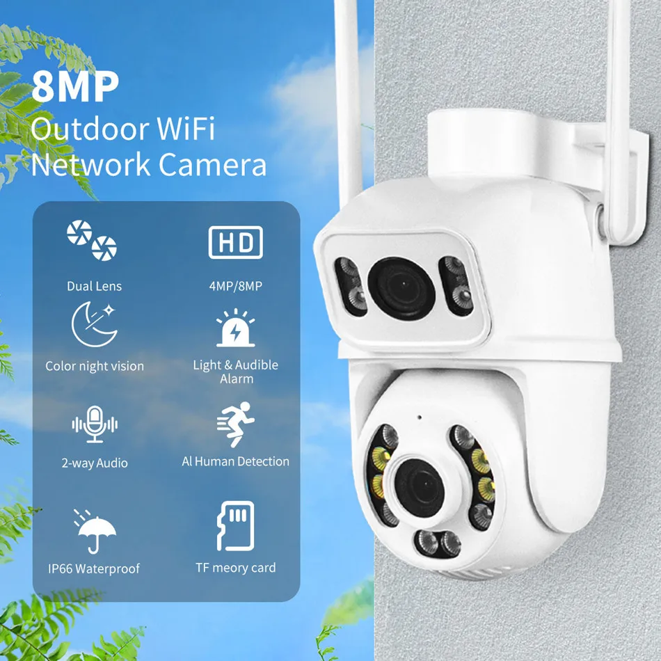 8MP PTZ Wifi Camera Dual Lens Wireless Outdoor Surveillance Camera 5X Digital Zoo Auto Tracking Street Surveillance Camera iCsee