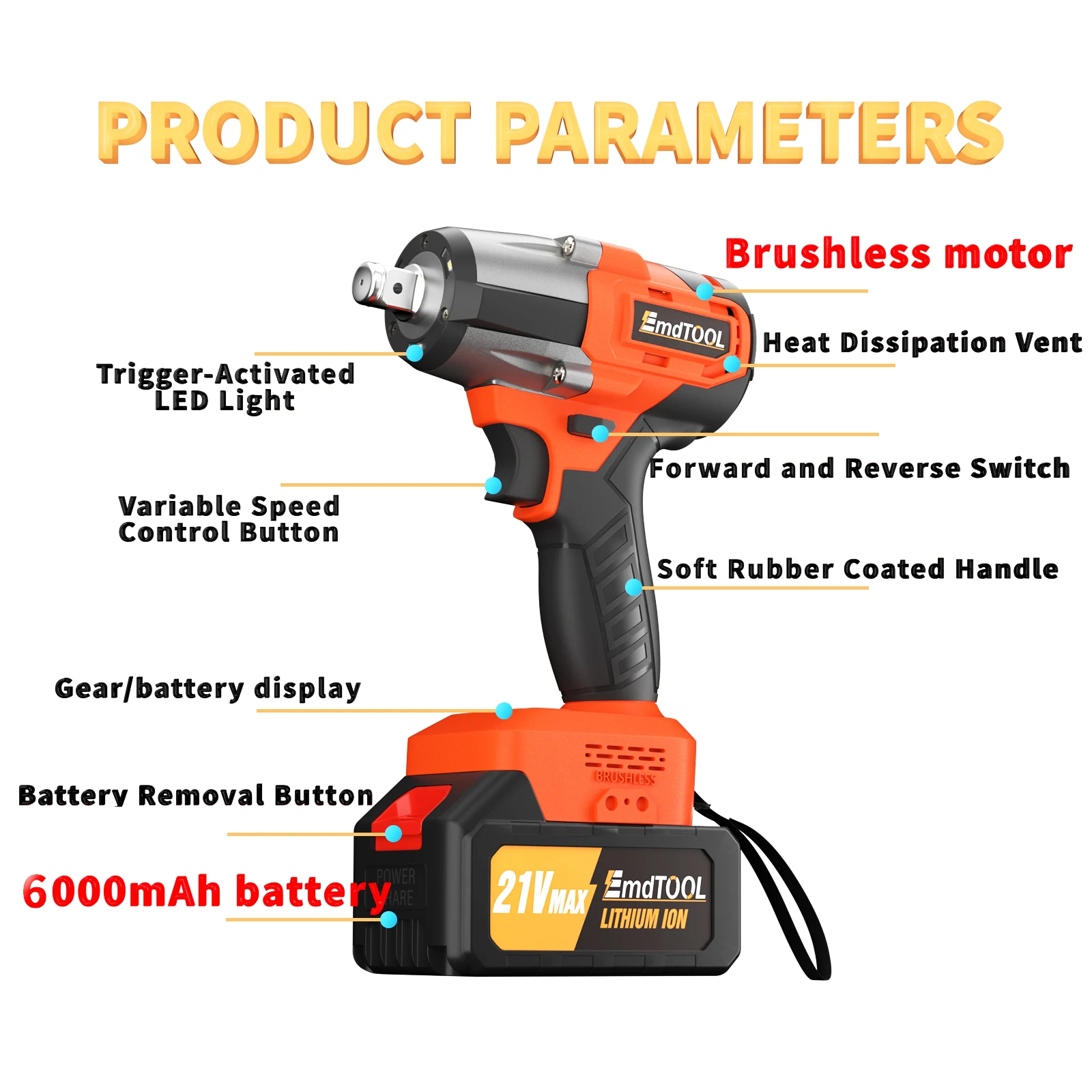 Cordless Impact Wrench 1/2 Inch Driver, 450Nm Cordless Impact Gun with Battery and Charger, 0-3200rpm Variable Speed, Carry Case