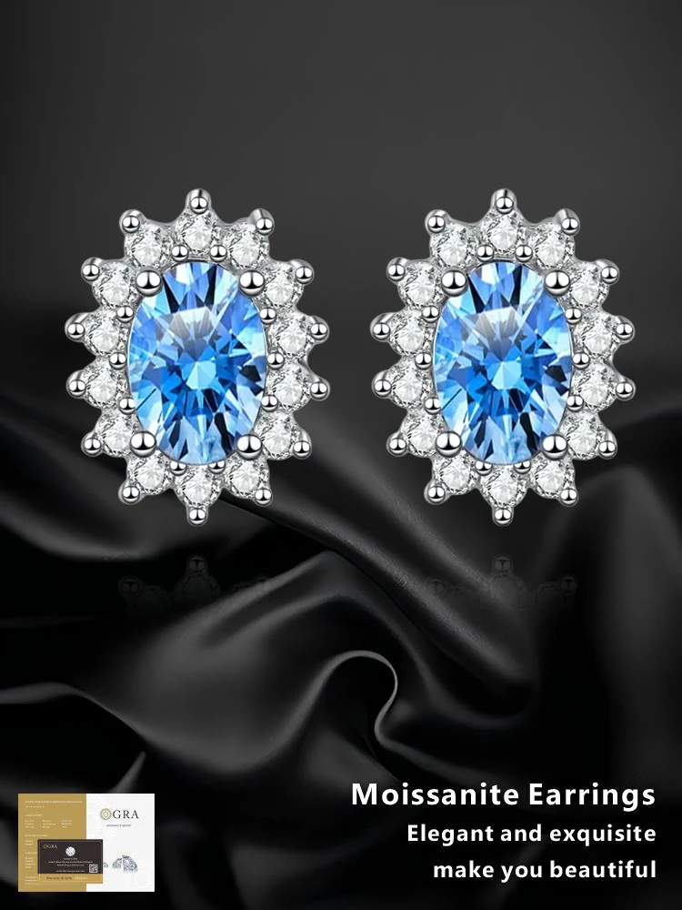 

Silver earrings jewelry GRA Moissanite 925 sterling silver Blue Stud Earrings for Women Hoops Piercing Light luxury Jewelry