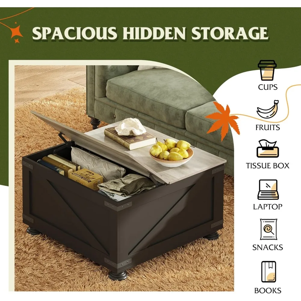 Farmhouse Lift Top Coffee Table with Storage, 31.5" Square Center Table, Flip-Top Hidden Compartment, Wood-Grain Coffee Table f