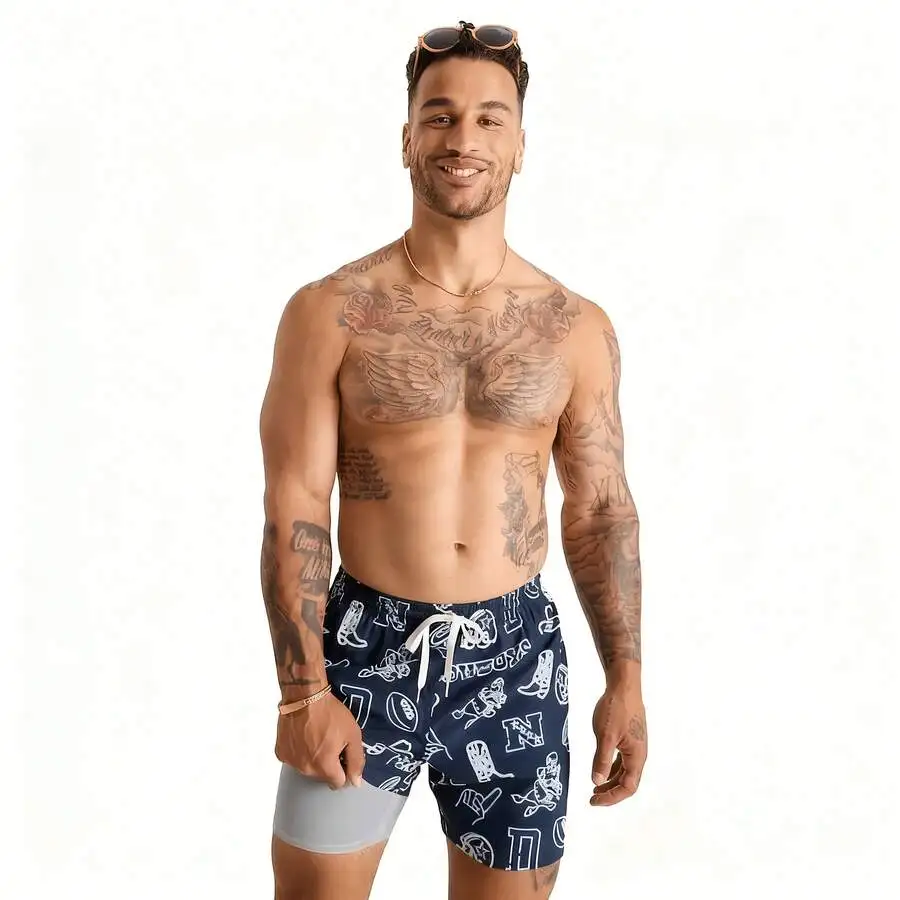 

Mens Nautical Print Double Layer Beach Shorts Quick Dry Casual Swim Trunks