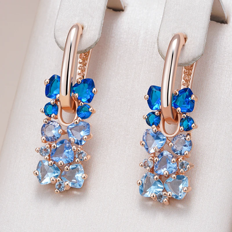 Kinel Hot Shiny Blue Natural Zircon Drop Earrings For Women Trend 585 Rose Gold Color Bride Wedding Fine Jewelry Crystal Gift