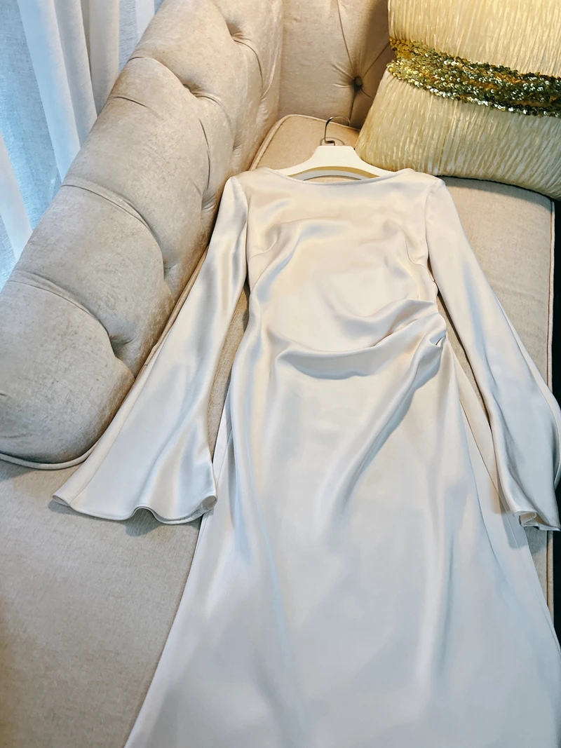 Ethereal Satin Slip Dr with Tapered Sves And Waist-Cinching Flare Fene A-Line Tea-Length Gown for Early Autumn Or W...