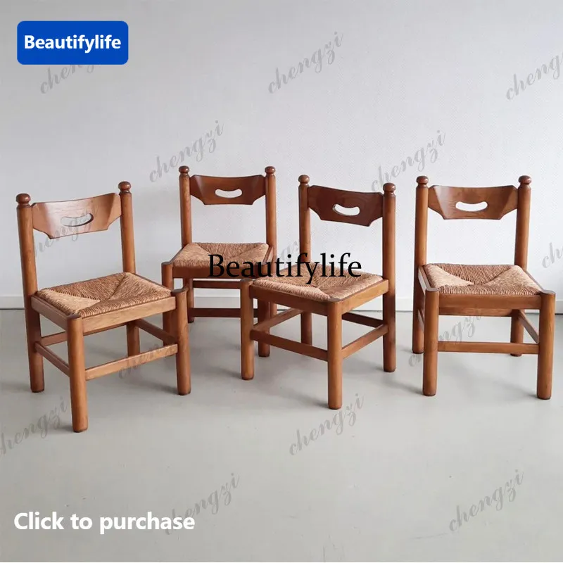 Medieval log solid wood dining chair Small apartment signer woven rattan chair B & B leisure chair