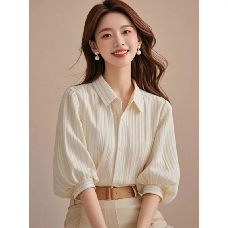 

Apricot Striped Lantern Sleeve Blouse Spring Premium Light Luxury Age Reducing Fashionable 7/8 Sleeve