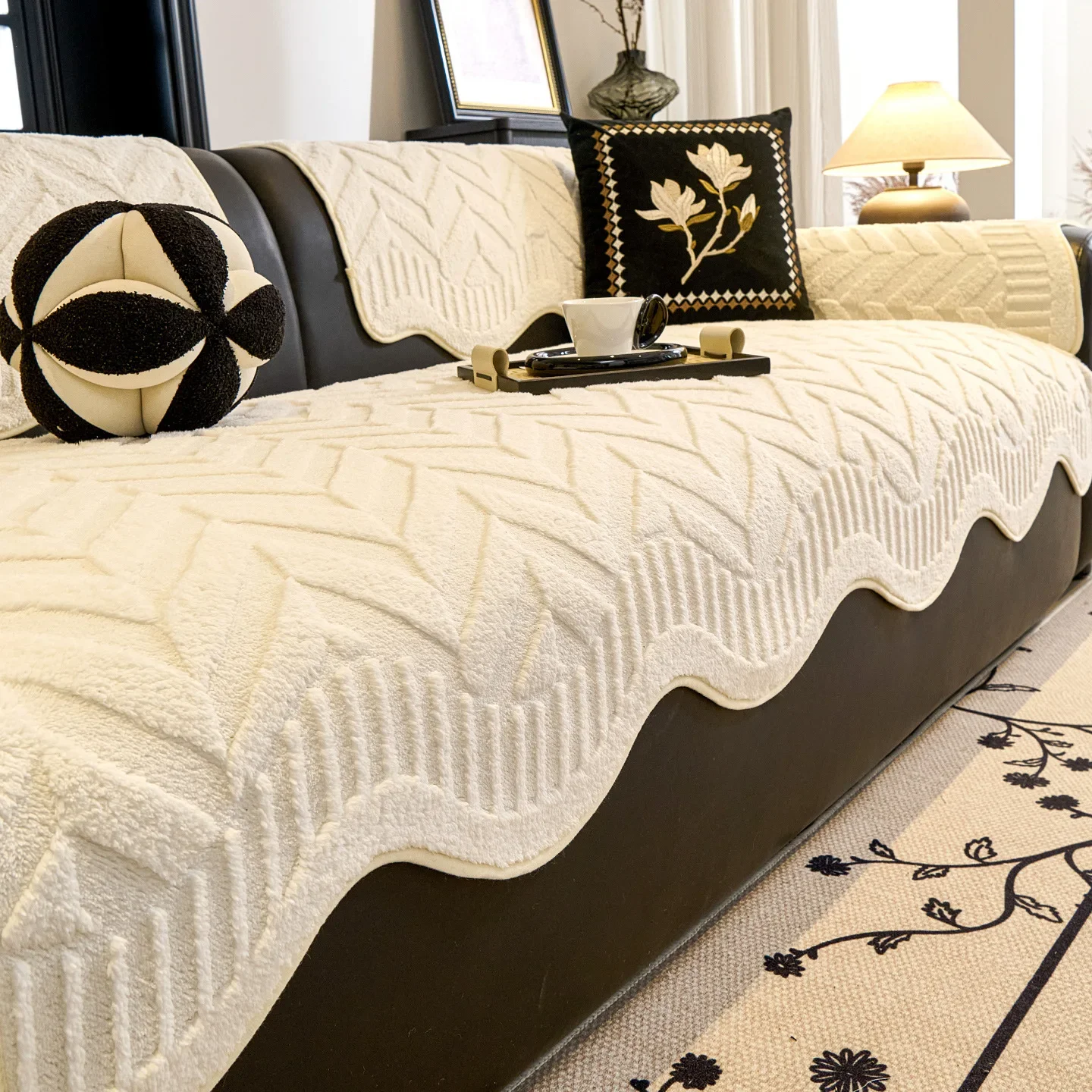Plush Sofa Cover All Season Universal Anti Slip Sofa Cushion Protective Cover Anti Scratch Irregular Solid Color Nordic Style