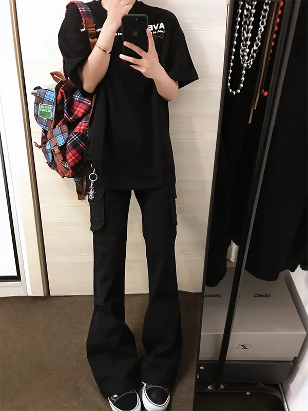 

Черные прямые брюки для спецодежды, мужские летние американские брюки High Street Cool, модные прямые брюки-трубы с множеством kets