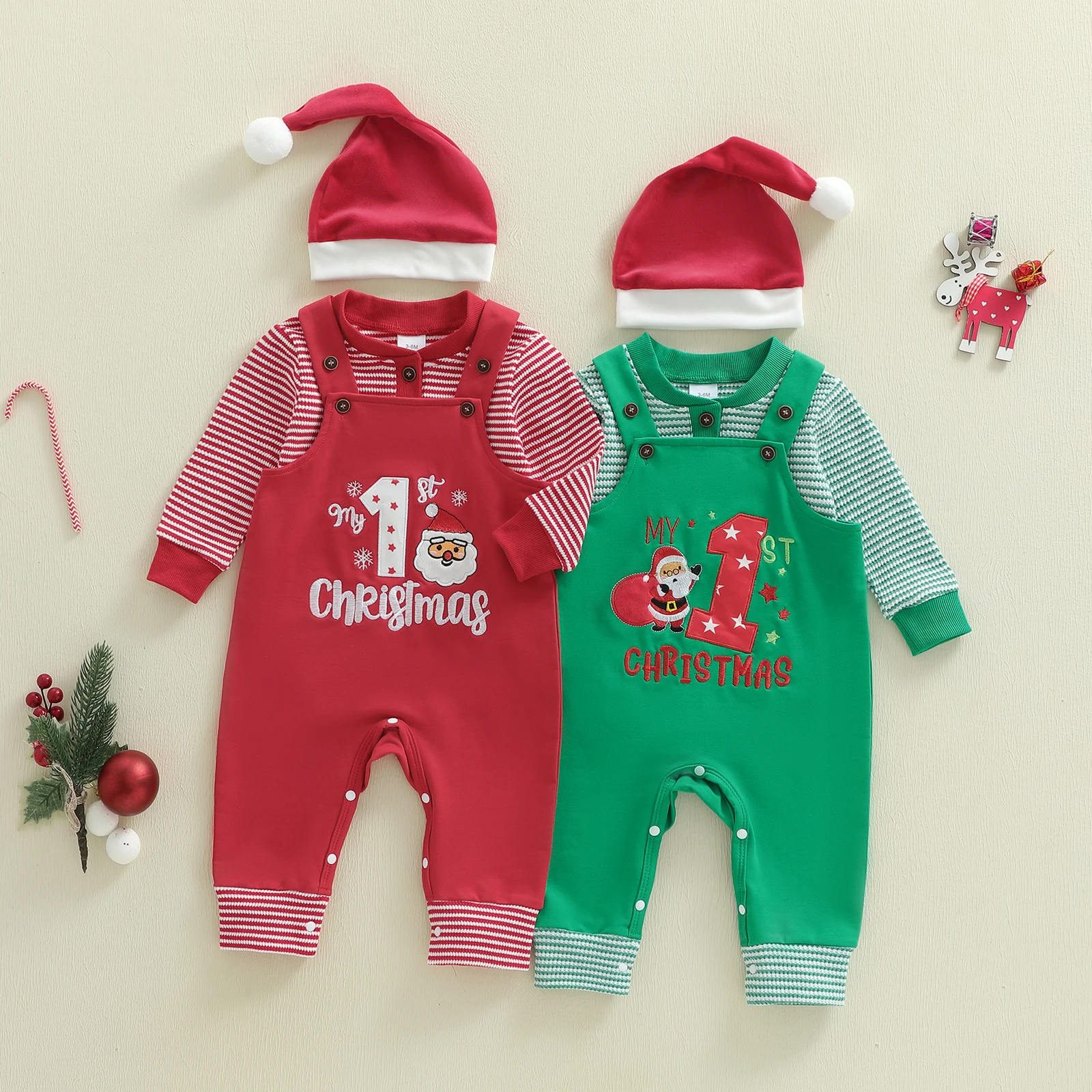 

Christmas Boy Girls 3 Piece Outfits New Years Cute Long Sleeve Round Neck Striped Jumpsuit Santa Letter Print Overalls with Hat