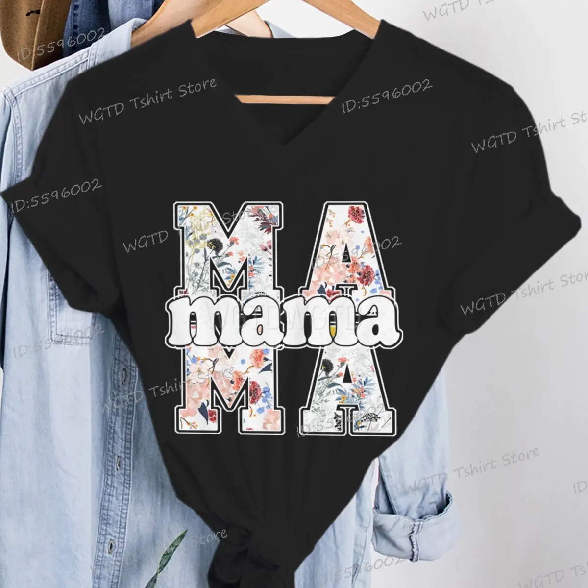 Retro Mama Shirt Design Mother's Day Fashion Casual Tops Funny Gift for Mama V-neck Top Women Flowers Mama Vintage Classic Tops