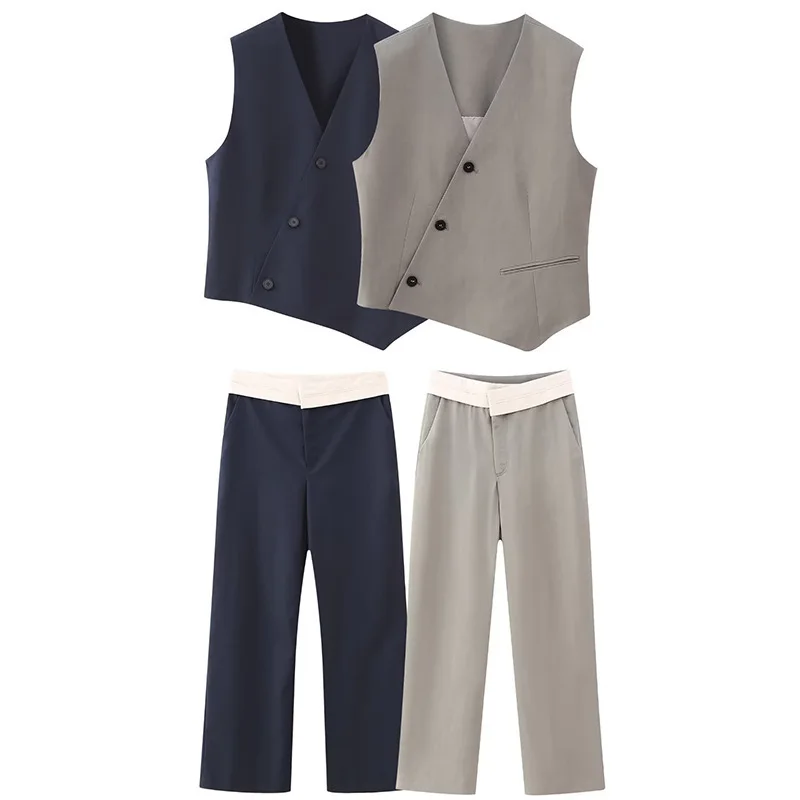 

Spring Female Solid Pants Suit Asymmetric Sleeveless Single Breasted Vest Top+Casual High Waist Loose Tousers Streetwear