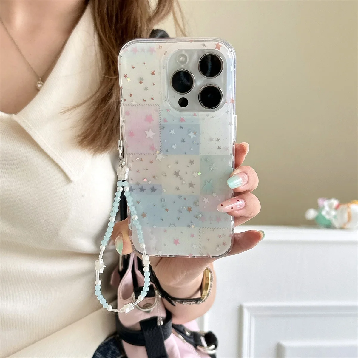 

Fashion Glitter Star Phone Case For iPhone 16 Pro 15 13 14 Pro Max Cover with Chain Korean Cute Protective Cases Funda