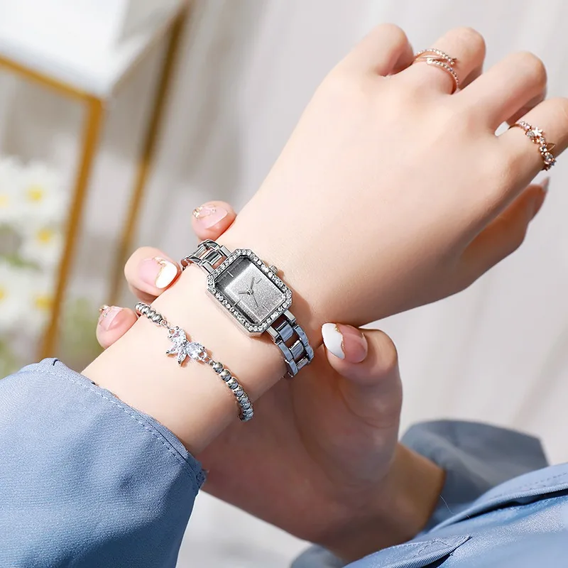 Модные женские кварцевые часы со стразами, квадратный, компактный, элегантный браслет, повседневные студенческие часы, настраиваемые часы